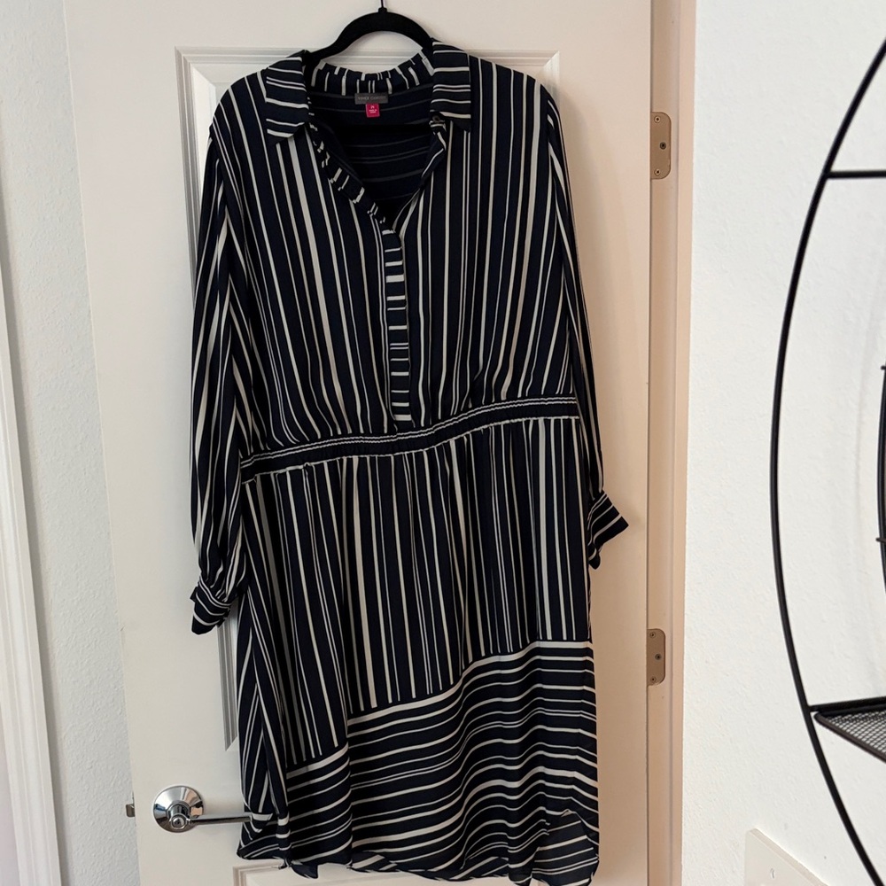 Vince Camuto Navy and White Striped Long Sleeve Dress